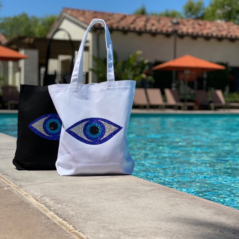 Canvas tote bag with glitter evil eye